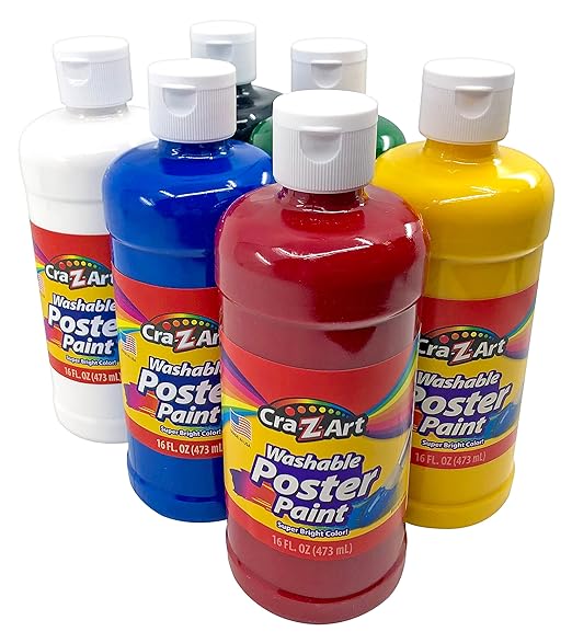 Cra-Z-Art Washable Poster Paint Bulk, Assorted Colors 16oz each bottle, 6 count