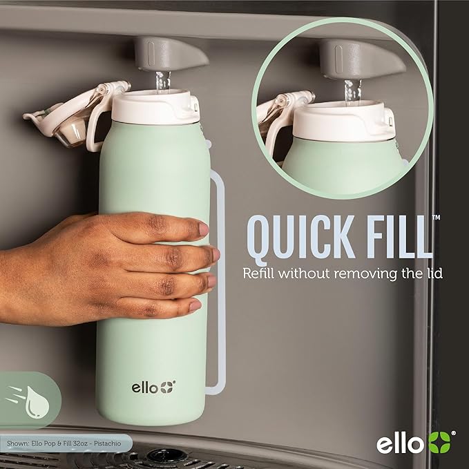 Ello Pop & Fill 22oz Stainless Steel Water Bottle with Quick Fill Technology, Double Walled and Vacuum Insulated Metal, Leak Proof Locking Lid, Sip and Chug, Reusable, BPA Free, Pistachio