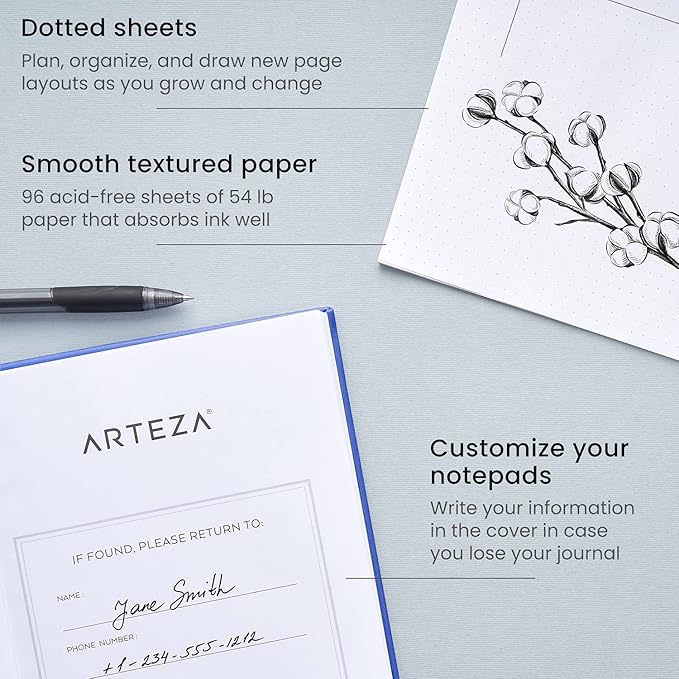 ARTEZA Dotted Journals, Pack of 2, 6x8 Inches, 96 Sheets, Cobalt Blue and Gray, Hardcover Notebooks with Smooth Paper