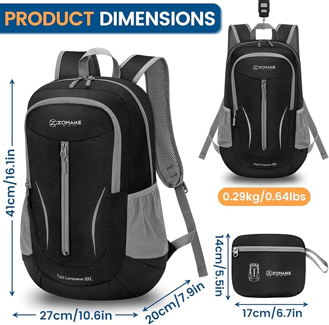 ZOMAKE Lightweight Packable Backpack 25L, Foldable Hiking Daypack | Water Resistant Small Folding Backpacks for Travel, Everyday Carry, Multi-Pocket Layout, Breathable Shoulder Strap