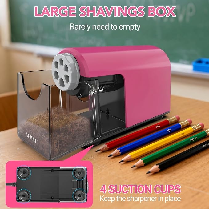AFMAT Electric Pencil Sharpener Heavy Duty, 6 Holes, Cordless & Rechargeable, Fast Sharpen, Auto Stop, 10K+ Uses, Classroom Pencil Sharpener for 6-11mm No.2/Large/Colored Pencils PSD2