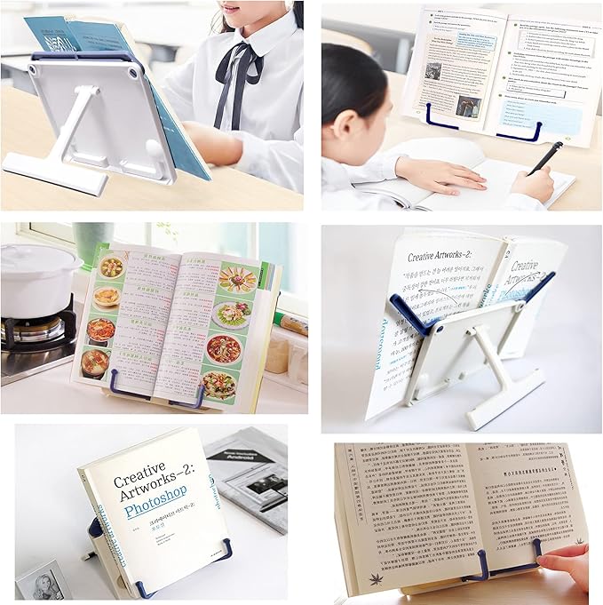 Lemical Desktop Sturdy Bookstand for Cookbook Adjustable Book Holder Reading Portable Folding Multipurpose Book Music Sheet Stand Holder with Detachable Tray-Page Paper Clips