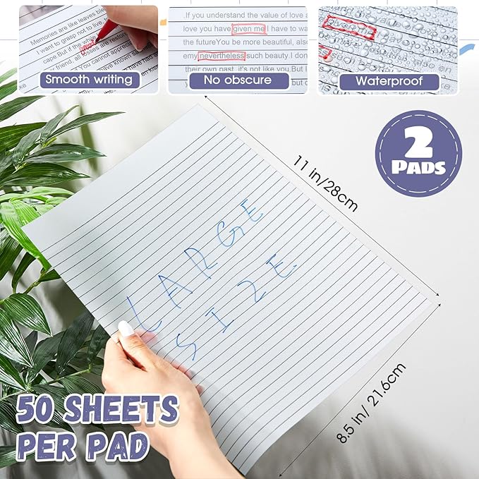 Gueevin 100 Sheets 8.5 x 11 Inch Lined Transparent Sticky Notes, Extra Large Clear Self Sticky Notes with Lines, 2 Pads Waterproof Jumbo Translucent Paper, Office Supply