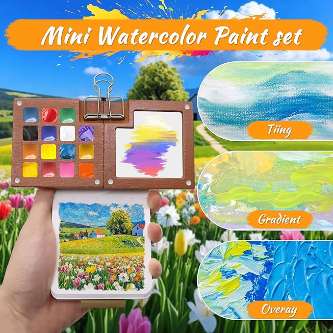 Pocket Watercolor Paint Set - 24 Vibrant Colors, Pocket Art Kit with 15-Well Walnut Palette - for Travel, Beginners, Outdoor Sketching & Painting Gift