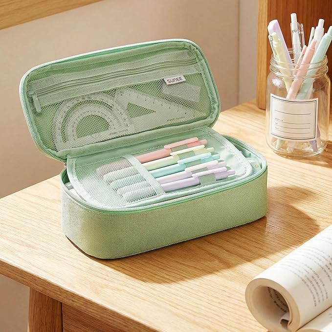 SUNEE Cute Pencil Case, Large Capacity Pencil Pouch, Big Storage Organizer for Stationery, Zipper Pen Bag, Back to School Supplies, Office Organizer Makeup Bag, for Teen Girl Boy Men Women, Green
