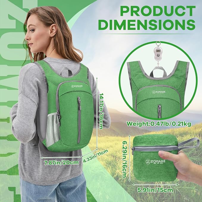 ZOMAKE Lightweight Packable Backpack, 10L Small Foldable Daypack for Hiking | Water Resistant Collapsible Backpacks for Women Men,Everyday Carry, Multi Compartment Storage,Adjustable Strap(Dark Green A1)