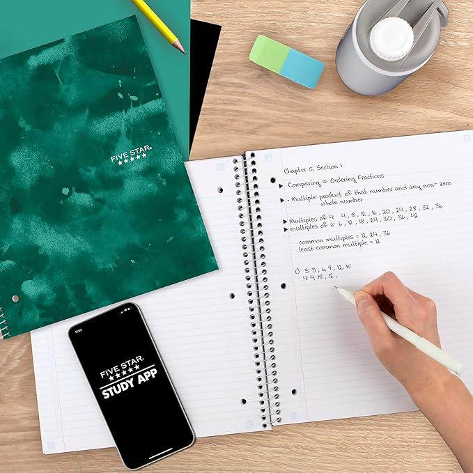 Five Star Spiral Notebook + Study App, 1 Subject, College Ruled Paper, 8-1/2" x 11", 80 Sheets, Graphics, 4 Pack (850221F)