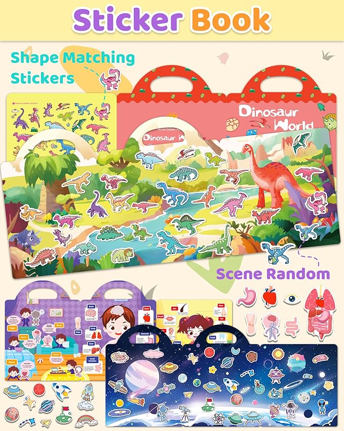 Benresive Reusable Sticker Book for Toddlers, Stickers for Kids, Travel Toys for Arts & Crafts Activities, Birthday Gift for Boys & Girls, Dinosaurs, Space and Body Themes