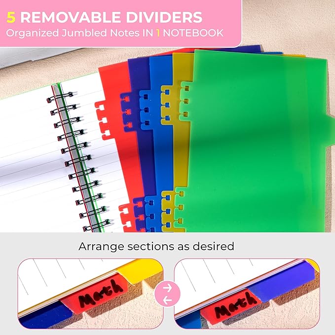 CAGIE 5 Subject Notebook College Ruled, Small Spiral Notebook 5x7 with Divider Tabs, A5 Spiral Notebooks for Women, 240 Pages Spiral Note book for School Note Taking, Pink