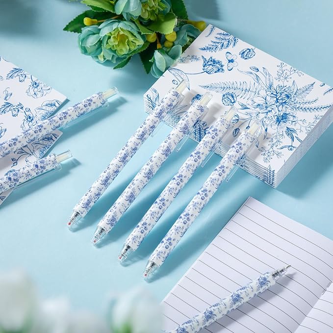 Resurhang 60 Pcs Blue and White Floral Ballpoint Pens 0.5 mm Black Ink Chinoiserie Gel Pens Vintage Aesthetic Retractable Ballpoint Office School Supplies for Bridal Baby Shower Wedding