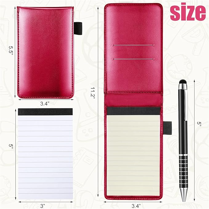 Outus 10 Pcs Mini Pocket Notepad Holder Set Included Small Leather Pocket Notebook Holder with 50 Lined Sheets, Metal Pen, 8 Pcs 3 x 5 Inch Memo Book Refills, 30 Lined Paper Per Note Pad (Rose Red)