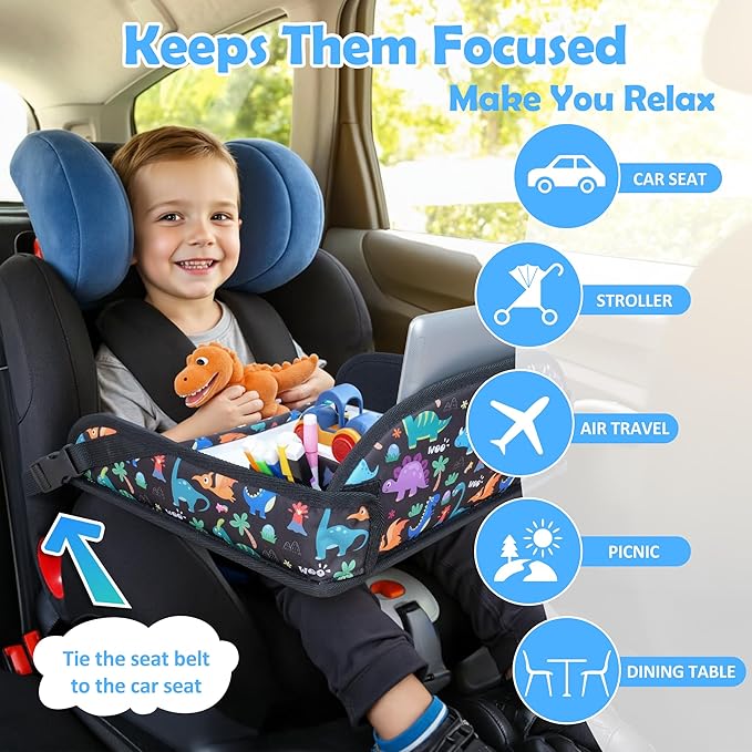 Kids Travel Tray for Toddler Carseat, Road Trip Activities Essentials for Toddler, Kids Travel Lap Desk Tray with Holder Stand ＆ Dry Erase Board (Dinosaur)