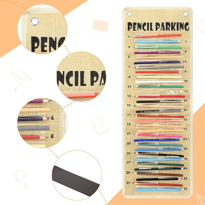 Sabary Pencil Parking Pocket for Classroom,Hanging Pencil Holder Wall Organization Numbered pencils Dispenser with Magnetic Strip Grommets for Back to School Student Essentials(Rustic)