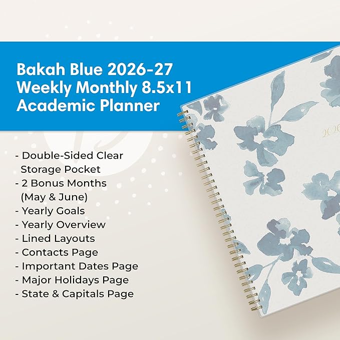 Blue Sky 2026-2027 Weekly and Monthly Academic Year Planner Calendar, July 2026 - June 2027, 8.5" x 11", Flexible Cover, Wirebound, Storage Pocket, Bakah Blue