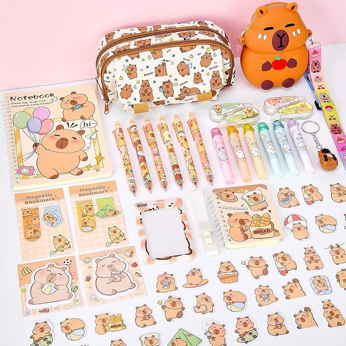 Cute Capybara Stationery Gift Set for Kids,30 Piece Animal Theme School Supplies Kit with Pencil Case,Notebook & Stickers,Practical and Fun for Birthday,Easter& Festivals Gift Girls Boys