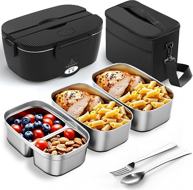 Heated Lunch Box,120W Electric Lunch Box for Adults with 1.5L 304 Stainless Steel Container, 12V/24V/110V Lonchera Eléctrica Portátil for Travel,Work,Car,Truck (Pure Black, 1.5L x 3)