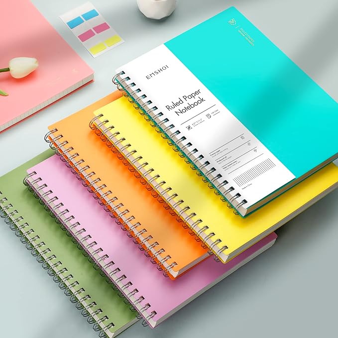 EMSHOI A4 Spiral Notebook College Ruled Lined Journal, 11.2" x 8.27", 300 Pages, 100gsm Thick Paper, Waterproof Softcover, Twin-Wire Binding, Sticky Notes, Purple