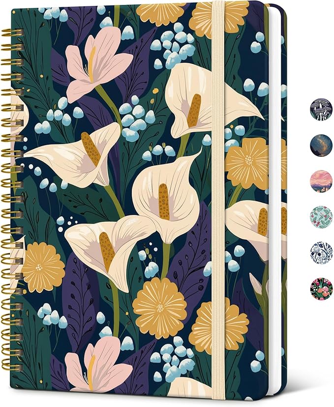 Taja Lined Spiral Journal Notebook for Women, Pretty College Ruled Notebook for Work & Note Taking, A5 Hardcover Journal for Writing, Cute Aesthetic 140 Pages, Midnight Calla