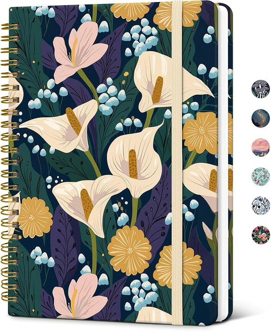 Taja Lined Spiral Journal Notebook for Women, Pretty College Ruled Notebook for Work & Note Taking, A5 Hardcover Journal for Writing, Cute Aesthetic 140 Pages, Midnight Calla