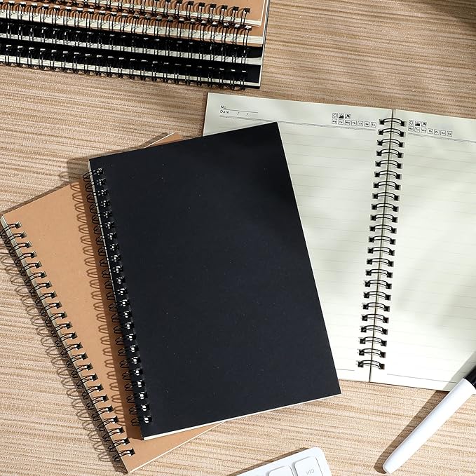 Leelosp 12 Pcs Small Spiral Notebook Lined Spiral Journal College Ruled Notebook Wire Bound Kraft Cover, 120 Pages for Work (Brown,Black,5.5 x 8.3 Inch)
