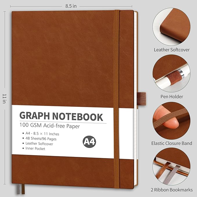 RETTACY Graph Grid Paper Notebook, 96 Pages, A4 Large Size (8.5'' x 11''), 5 Squares per Inch, Leather Softcover, 100 GSM Thick Paper, for School, Students, Math, Engineering (Brown)