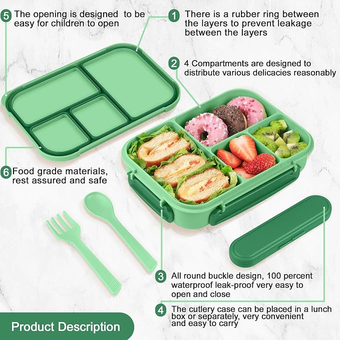 Amathley Lunch Box Kids,Bento Box Adult,Leakproof Lunch Containers for Adults/Kids/Toddler,1200ML-4 Compartments bento Lunch box with Utensil,Microwave & Dishwasher & Freezer Safe (Cyan)