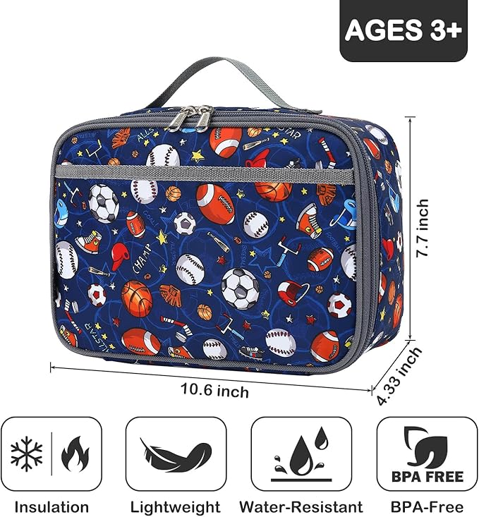 FlowFly Kids Lunch box Insulated Soft Bag Mini Cooler Back to School Thermal Meal Tote Kit for Girls, Boys,Football