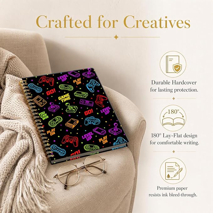ATJFKIXL Cute Spiral Journal Notebook, A5 120 Page College Ruled Wirebound Notebook, Soft Cover for Students Office Notes and Planning - Black Gamer Icons