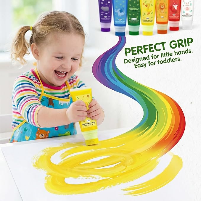 Washable Finger Paint with a Sponge Head, 8 Colors (1.69fl oz/Tube) Non-Toxic, Toddler Painting Set for Kids Boys Girls Gifts, Hand-Painted DIY, Ages 1-3 4 5 6+