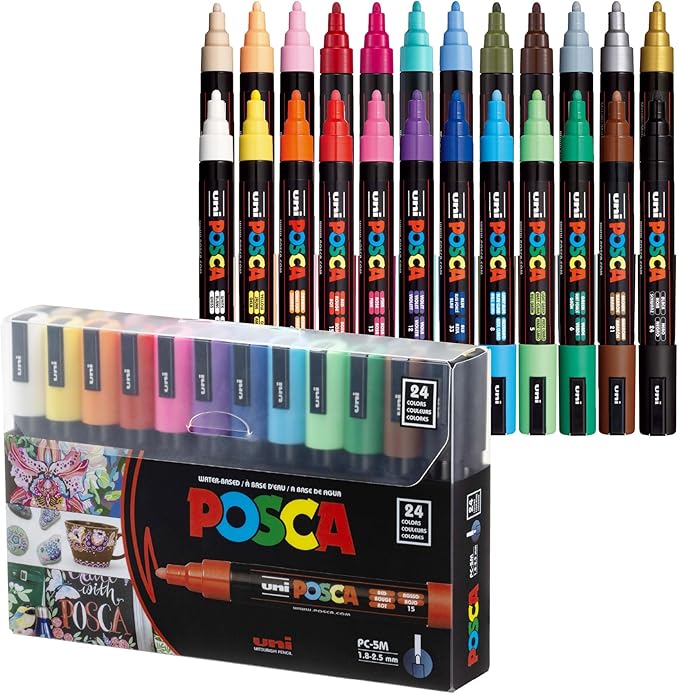 POSCA PC-5M Water-Based Paint Markers, Medium Point (1.8-2.5mm), Assorted Colors, 24 Pack