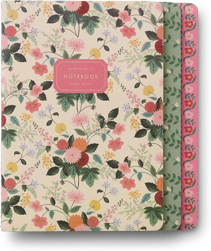 RIFLE PAPER CO. Dahlia Stitched Notebook Set, Assorted Set of 3 Notebooks, 64 Ruled Pages including Gold Ink, Full Color Canvas Cover with White Text Paper Interior, Lay-Flat Binding