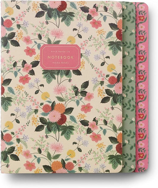 RIFLE PAPER CO. Dahlia Stitched Notebook Set, Assorted Set of 3 Notebooks, 64 Ruled Pages including Gold Ink, Full Color Canvas Cover with White Text Paper Interior, Lay-Flat Binding
