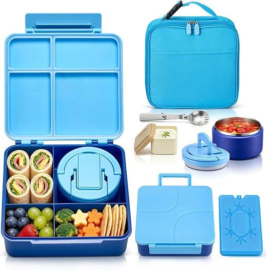 Bento Lunch Box with 8oz Soup Thermo,Kids Leakproof 4 Compartment Lunch Food Containers with Sauce Cup and Ice Pack,Kids Thermo Insulated Hot Food Jar and Lunch Bag for School,Trvael-Blue