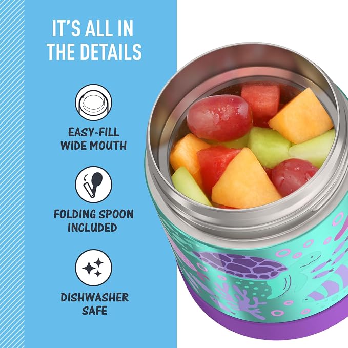 THERMOS FUNTAINER Insulated Food Jar, 10 Ounce, Kid Friendly Food Jar with Foldable Spoon, Ocean Pals