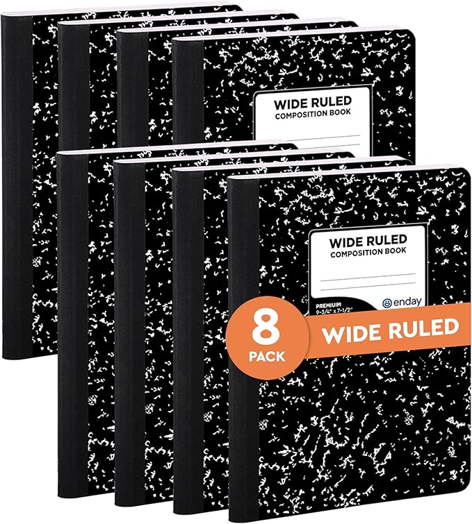 Emraw Black & White Marble Style Cover Composition Book with 100 Sheets of Wide Ruled White Paper (8 Pack)
