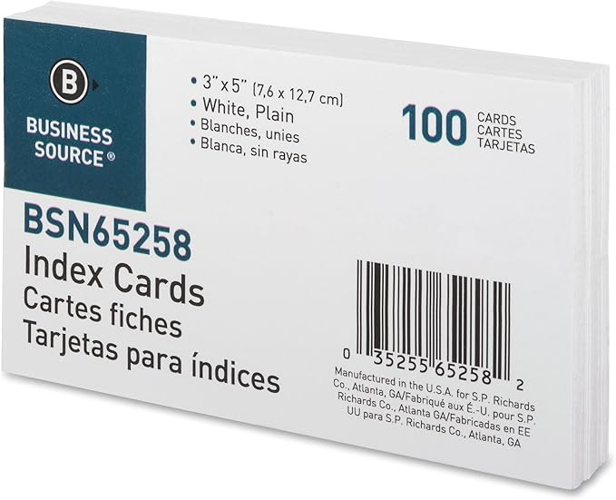 Business Source Index Cards, Plain, 3" x 5", White, 100 Count
