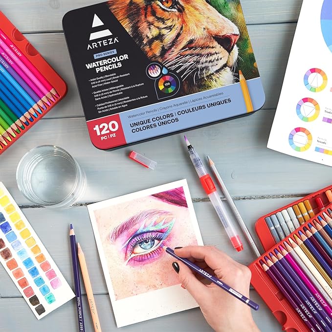 ARTEZA Watercolor Pencils, Set of 120, Water-Soluble Colored Pencils with 4 mm Break-Resistant Core, Pre-Sharpened Tips and Metal Tin for Drawing, Shading, Blending, and Wet or Dry Techniques