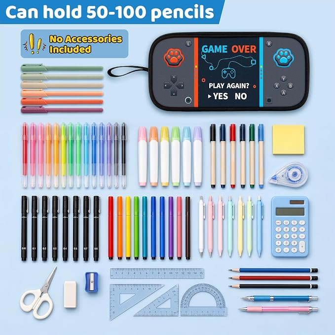 Game Controller Pencil Case for Boys Kids Teens, Large Capacity Pencil Pouch with 3 Compartments, 7 Pockets and Label Pocket for School College Office Travel (Gray)