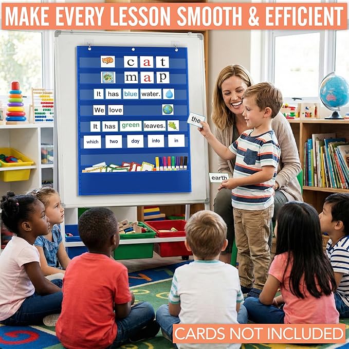Pocket Chart for Classroom - 7+1 Blue Pocket Chart for Alphabet Learning Word Wall Calendar Daily Schedule Sentence Strips Sticker Display, Teacher Supplies for Preschool Elementary & Home