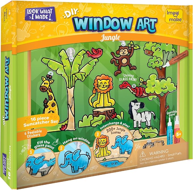 Imagimake Window Art Jungle | 16-Piece Glass Paint & Suncatcher Kit | Craft & Discover Animals | Art Kit for Kids| 5 Year Old Boy Gifts | Birthday Gifts for Boys & Girls Ages 5,6,7,8,9,10,11,12