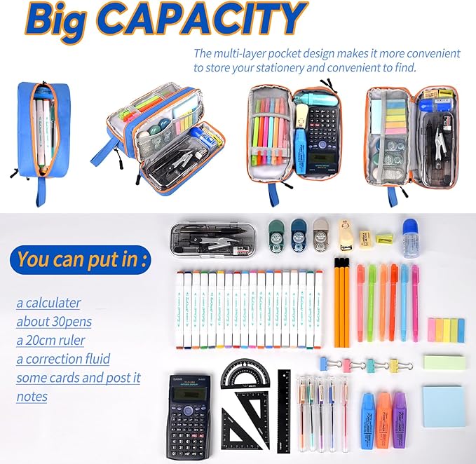 Genteen Large Capacity Pencil Case,Multifunction Pencil Pouch,Pencil Bags with Zipper 3 Compartments Pencil case organizer for or School Teen Girl Boy Men Women（Blue）
