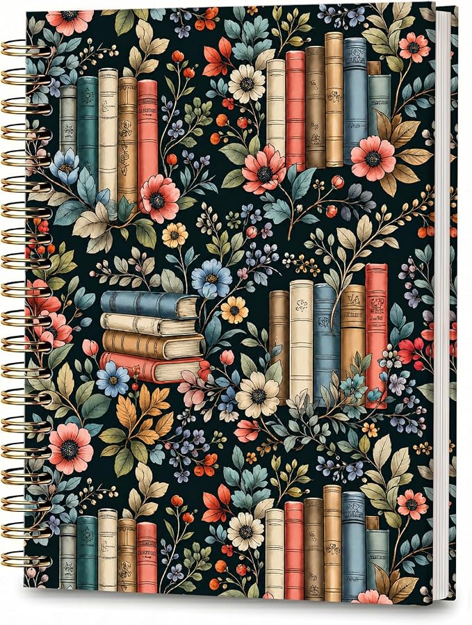 ATJFKIXL Cute Spiral Journal Notebook, A5 120 Page College Ruled Wirebound Notebook, Soft Cover for Students Office Notes and Planning - Floral Bookshelf