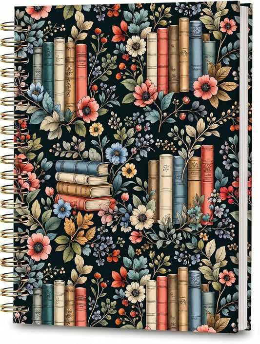 ATJFKIXL Cute Spiral Journal Notebook, A5 120 Page College Ruled Wirebound Notebook, Soft Cover for Students Office Notes and Planning - Floral Bookshelf