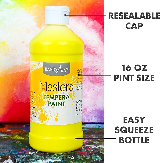 Handy Art Little Masters Tempera Paint, 16 oz Bottles, Set of 6 Colors, Bright & Mixable, Washable Colors for Classroom, Students, Kids, Young Artists, Safe & Non-Toxic, Made in USA