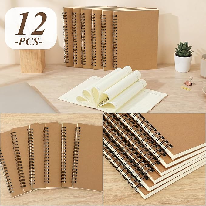 Leelosp 12 Pcs Small Spiral Notebook Lined Spiral Journal College Ruled Notebook Wire Bound Kraft Cover, 120 Pages for Work (Brown,5 x 7 Inch)