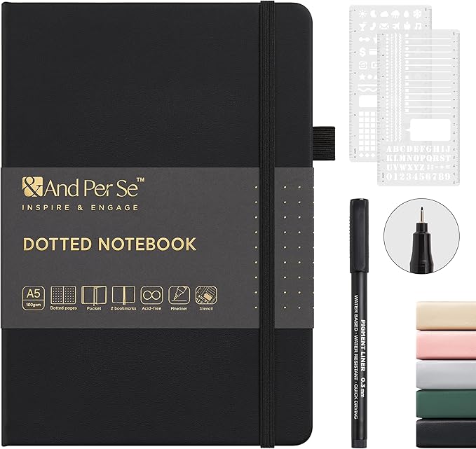&And Per Se Dot Grid Journal Notebook, A5 Hardcover with Journal Dotted Pages, Stencils & Pen, 176 Numbered Pages for Beginners Women Men (Black)