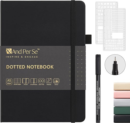 &And Per Se Dot Grid Journal Notebook, A5 Hardcover with Journal Dotted Pages, Stencils & Pen, 176 Numbered Pages for Beginners Women Men (Black)