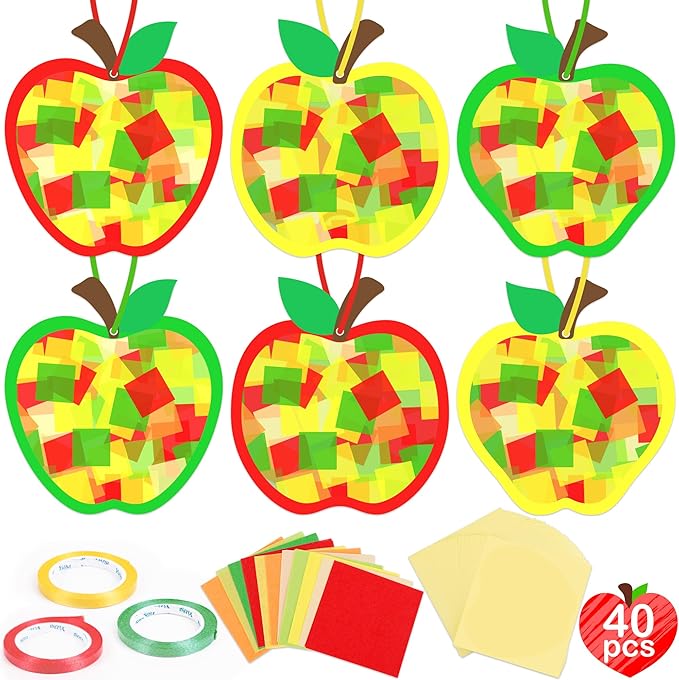 Renbuzhu 40PCS Back to School Apple-Shaped Crafts Bulk: Tissue Paper Sign Suncatchers, First Day of Classroom Activities DIY Kit, Fall Decorations, Window Stained Glass Effect Art Supplies