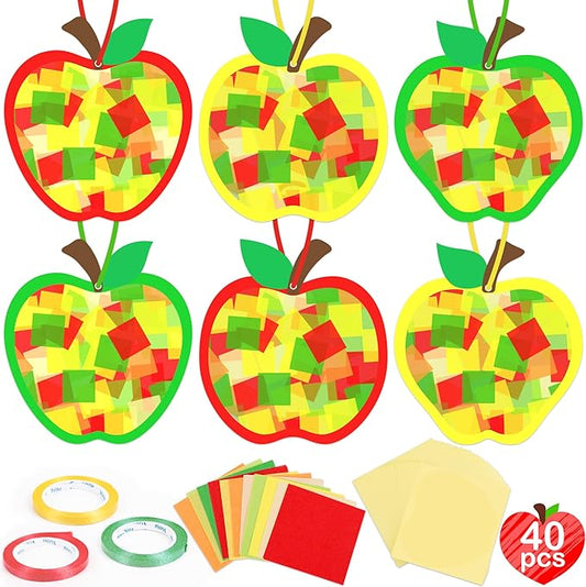 Renbuzhu 40PCS Back to School Apple-Shaped Crafts Bulk: Tissue Paper Sign Suncatchers, First Day of Classroom Activities DIY Kit, Fall Decorations, Window Stained Glass Effect Art Supplies