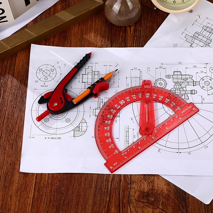 Zonon 2 Pcs Student Protractor and Compass, Student Geometry Math Set Drawing Compass and 180 Degree 6 Inch Protractor with Swing Arm for Drawing Measuring School Office (Red)